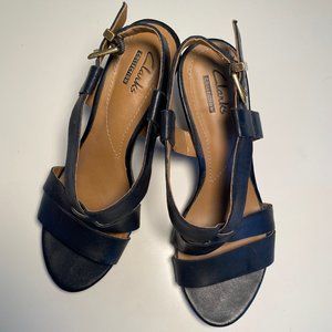 Clarks Collection Black Leather Chunk Heel Sandals